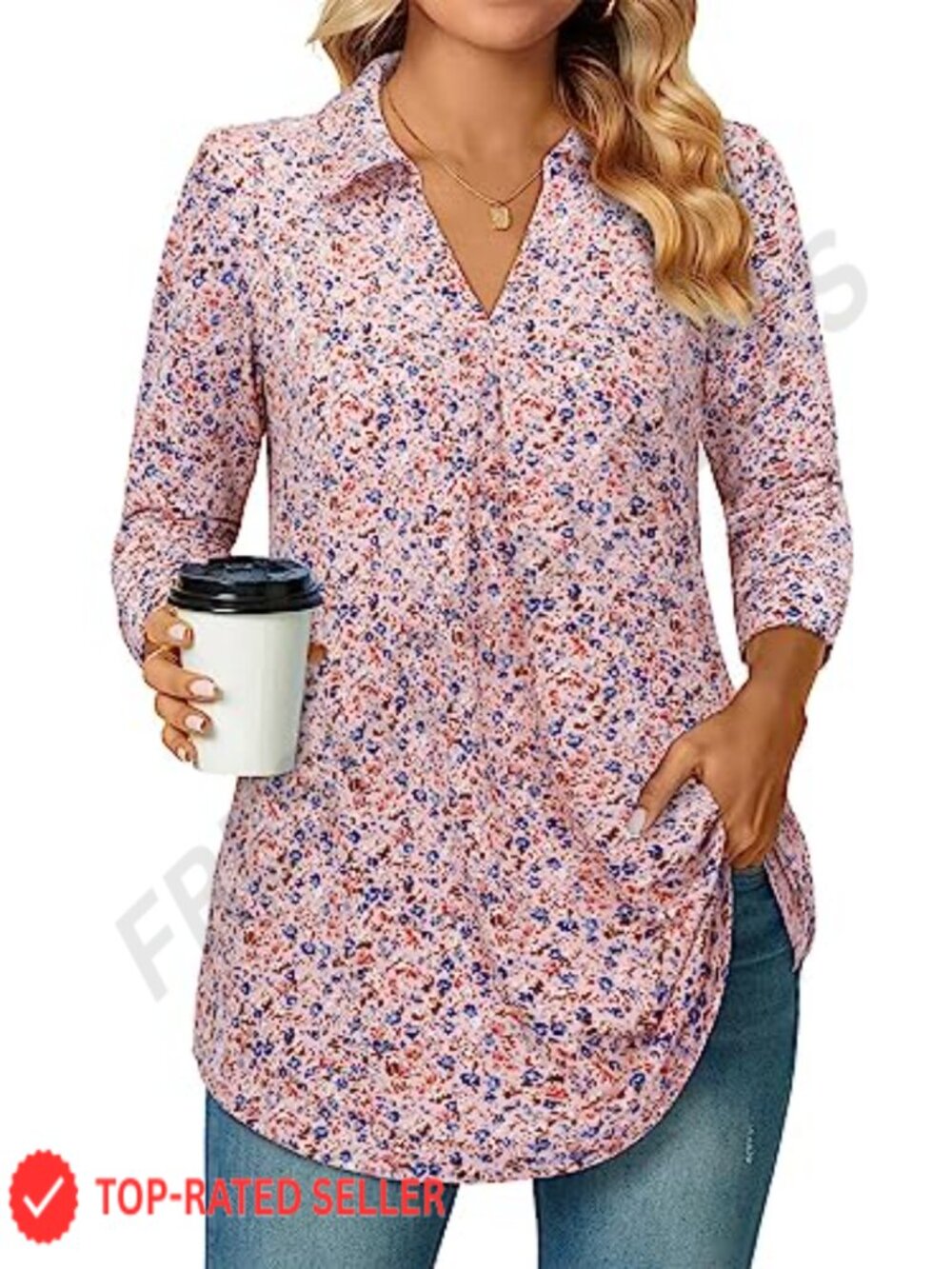 Womens 3/4 Sleeve V Neck Collared Tunic Blouse Dressy Casual Work Top